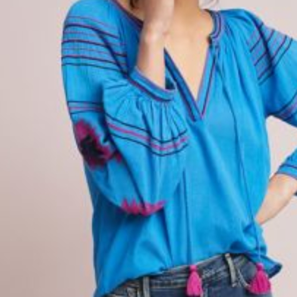 Maeve Blue Blouse with Pink Embroidery